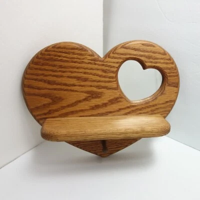 Wooden Shelf Oak Wood Grain Heart Shape Mirror Cutout 9"x11" Kicknack Display - Image 1 of 4