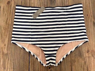 J Crew Women’s  High Waisted Swim Bikini Bottom Navy Blue White Stripe Lg H7606 - Image 1 of 4