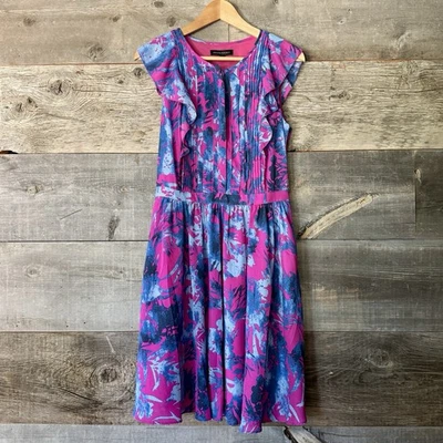 Vestido Midi Banana Republic A-Line Manga Flutter 6 Rosa Azul Floral Plissado Novo com etiquetas - Imagem 1 de 4