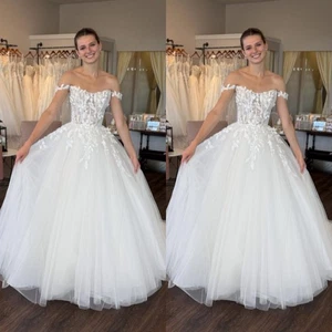 Abiti da sposa spiaggia spalle scoperte pizzo avorio linea A boho tulle abiti da sposa - Foto 1 di 11