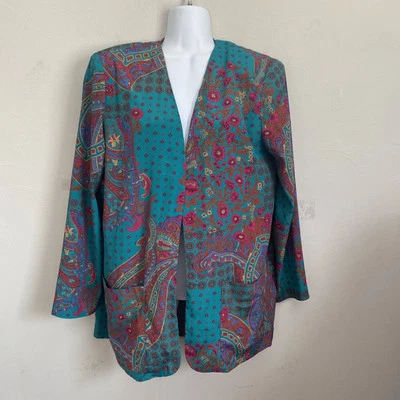 Chaqueta abierta vintage Leslie Fay Petite clásica 10 P tonos joya bolsillos florales 90 Foto 1 de 4