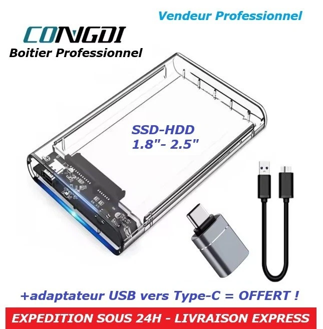Boîtier disque dur externe transparent SSD HDD 2.5 USB 3.0 vers SATA 3 6Gs TypeC - Image 1 of 4