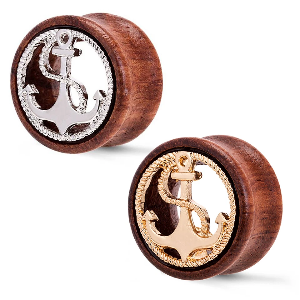 Flesh Tunnel Plug Inlay Piercing In Legno Anker Vintage Argento Oro Uomini Donne - Immagine 1 di 1