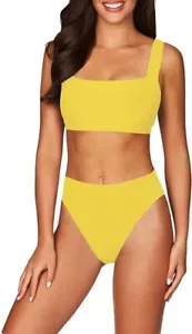 Set bikini donna rosa regina crop top collo scoop vita alta costume da bagno piccolo giallo - Foto 1 di 8