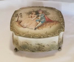 E W Vintage Victorian Footed Ceramic Trinket Box Lidded Handpainted Japan Marked - Picture 1 of 12