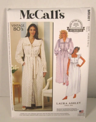McCall's Vintage 80s Laura Ashley 8381 Robe & Nightgown Misses XS-L 4-18 Pattern - Image 1 of 2