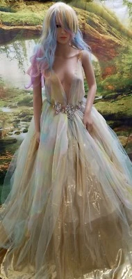 ADELE Custom Watercolor Chiffon Tulle Lace Backless Bridal Wedding Ballgown Set - Image 1 of 4