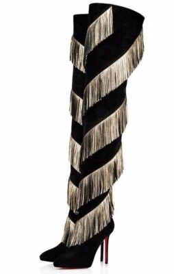 Christian Louboutin Bolcheva 120 Black Gold Fring Thigh High Knee Heel Boot 40.5 - Image 1 of 4