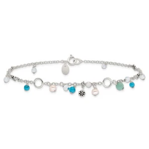 925 Sterling Silver Turquoise Bead Freshwater Cultured Pearl Anklet Bracelet - Picture 1 of 4