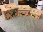Vintage Retro 3 Piece Wood Canister Set Roosters Sugar Coffee & Tea