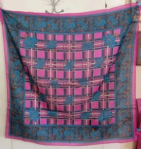 Vintage 1987 Ginnie Johansen Plaid Floral Square Scarf Jewel Tones 100% Cotton  - Picture 1 of 11