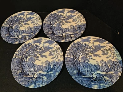 Set of 4 Johnson Bros Cotswold Dinner Plates Blue White Country Scene - Image 1 of 4