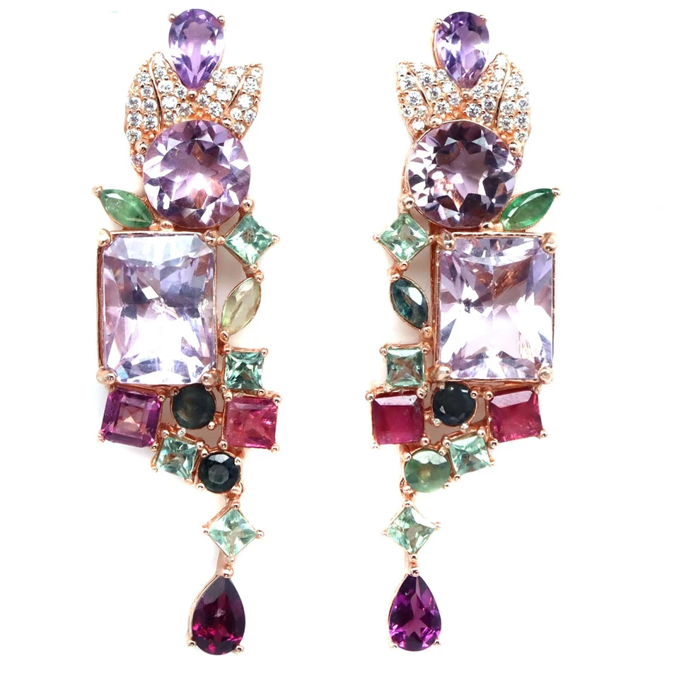 925 Silver 8x11MM. Pink Kunzite, Topaz, Amethyst, Rhodolite, Peridot,.. Earrings - Image 1 of 4
