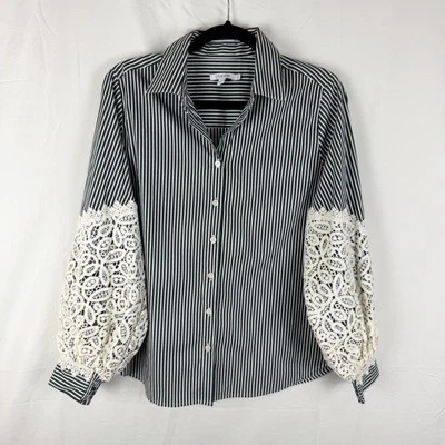 Camisa Chico's Popelina Rayas Manga Crochet Mezcla Algodón Abotonada Talla 1.5 EE. UU. 10 Foto 1 de 4