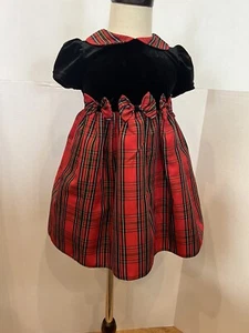 Girl's Christmas Dress Red/Black Plaid Skirt w/Blk Velvet Top & Tie; Plaid Bows - Picture 1 of 9