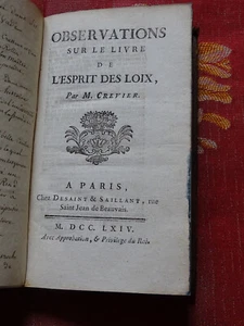 Observation sur le Livre de l'Esprit des Loix CREVIER 1764 Desaint & Saillant - Picture 1 of 4