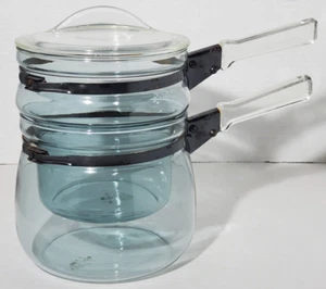 VTG Pyrex Flameware Glass Dbl Boiler, Insert Cookware Blue Tint, NO LID - Picture 1 of 15