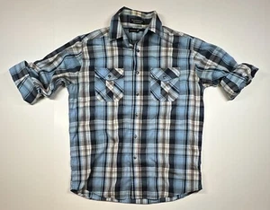Beverly Hills Polo Club Mens Shirt Size Medium Long Roll Tan Sleeves Blue Plaid - Picture 1 of 5