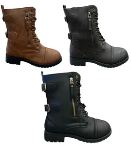 Women Forever Link Lace-Up Zipper Round Toe Low Heel Military Combat Boots Size - Picture 1 of 10