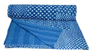 Handblock Print Indigo Kantha Quilt Twin Vintage Indian Throw Handmade Blanket - Picture 1 of 3