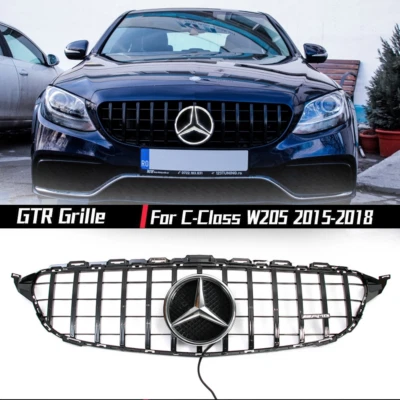 Front Upper Grille w/LED Emblem For Mercedes Benz W205 2015-2018 C300 C250 Grill - Image 1 of 4