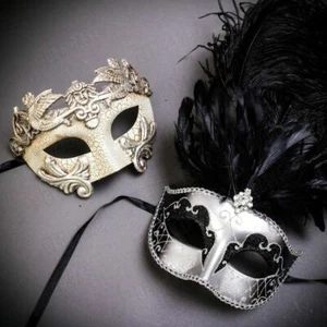 Masquerade Party Couple Masks - Feather Women Venetian Men Mask Set Black Silver - Picture 1 of 3