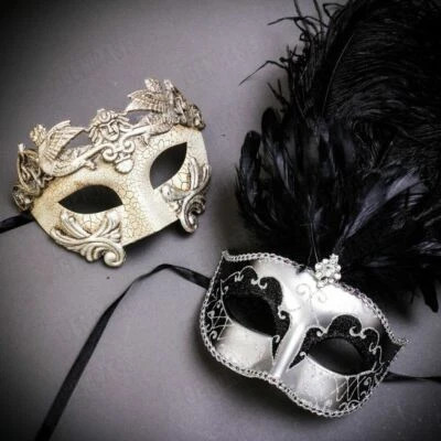 Masquerade Party Couple Masks - Feather Women Venetian Men Mask Set Black Silver - Image 1 of 3