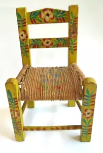 Vintage Folk Art Hand Painted Doll Chair Yellow With Flowers Floral Design - Picture 1 of 8