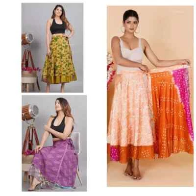 10 pcs Indian Long Skirt Lot Vintage Silk Sari Wrap Around Frill Skirt Wholesale - Image 1 of 4