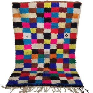 Moroccan Handmade Rug Blue Pink White Grid Square Pattern  Berber Wool Carpet - Picture 1 of 24