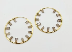 18k Matte Gold Plated Ashes Smoky Quartz Hoop Earrings - Picture 1 of 5