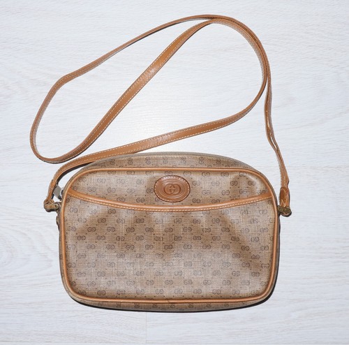 GUCCI donna vintage anni 70 modello GG pelle mini marrone rivestito tela corpo incrociato