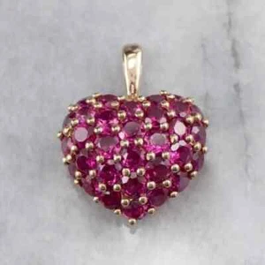 Lab Created 2Ct Round Ruby Cluster Heart Pendant Necklace 14K Yellow Gold Plated - Picture 1 of 9