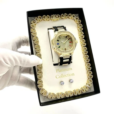 Iced Out Rainbow Baguette Diamond Silicone Strap Watch/Chain/Earring 3pc Set - Image 1 of 4