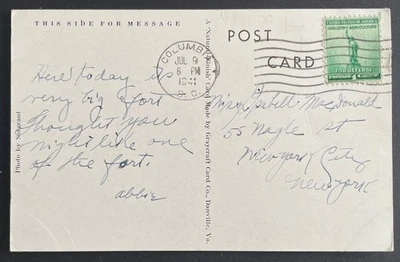 Columbia, South Carolina Post Card, mailed July 9, 1941 to New York, NY - Image 1 of 2