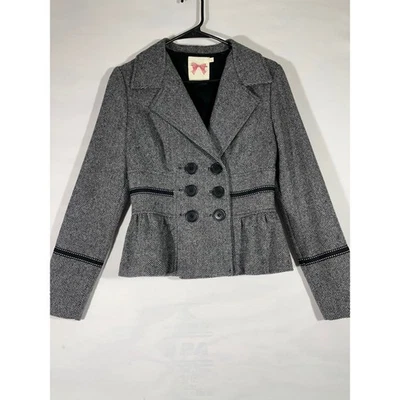 Blazer Anthropologie peplum peito duplo espinha de peixe 100% lã preto branco P - Imagem 1 de 4