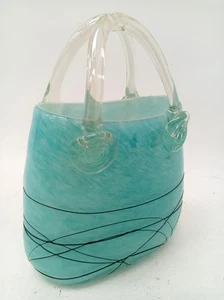 Vintage Murano Style Blue & Black Stripe Hand Blown Art Glass Handbag Vase Decor - Picture 1 of 9