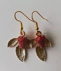 Gold Plated Drop / Dangle Strawberry & Leaves Summer Earrings - Strawberries - Picture 1 of 5