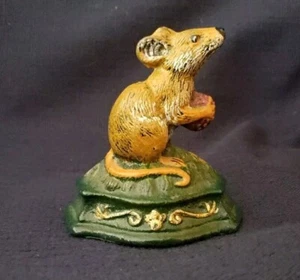 Vintage Cast Iron Mouse holding Berry Wedge Door Stop Hand Painted 3¾" Tall CUTE - Picture 1 of 4