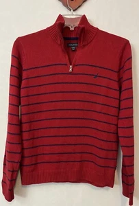 Nautica Boys XL 18/20 Red Striped 1/4-Zip Pullover Cotton Logo Sweater! A962 - Picture 1 of 5