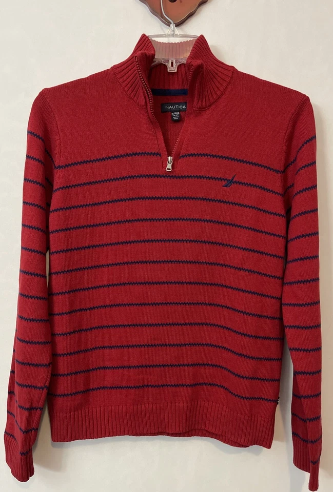 Suéter Nautica Boys XL 18/20 Rojo Rayas 1/4 Cremallera Algodón Logo! A962 Foto 1 de 4