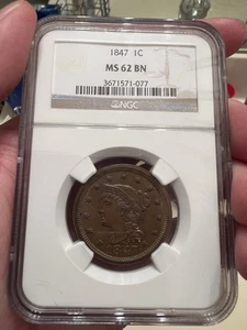 1847 MS62BN NGC Braided Hair Large Cent - Picture 1 of 5