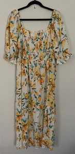 Gap Floral Linen Blend Womens L Cream Yellow Cottagecore Puff Maxi Prairie Dress - Picture 1 of 8