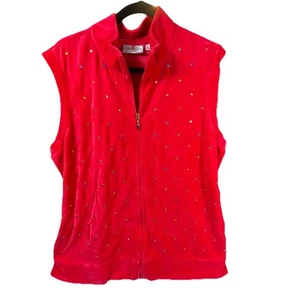 Quaker Factory Vest XL Red Velvet Embellished Artsy Full Zip Collared Sleeveless - Picture 1 of 12