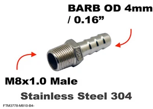 M8x1.0 Male to BARB OD 4mm / 0.16" Stainless Tail Adaptor Hose Connector - Picture 1 of 6