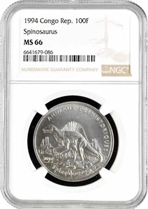 Congo Republic 100 francs 1994, NGC MS66, "Prehistoric animals - Spinosaurus" - Picture 1 of 2