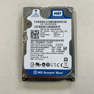 WD Scorpio Blue 250GB 2.5" HDD SATA 3.0Gb/s 5400 RPM 16MB Cache WD2500BPVT - Image 1 of 4