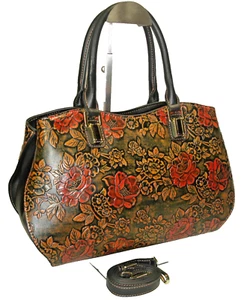 Genuine Leather Lovely Multi-Color Tooled Floral Design Satchel Shoulder Bag NEW - Picture 1 of 14