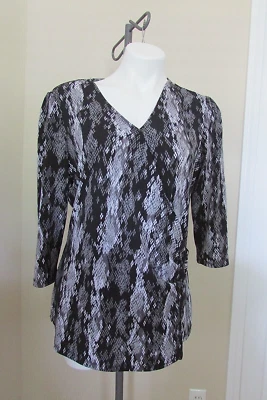 Blusa Adrienne Vittadini Negra/Gris Animal Prin Manga 3/4 DISEÑADORA Grande-NUEVA SIN ETIQUETAS Foto 1 de 4