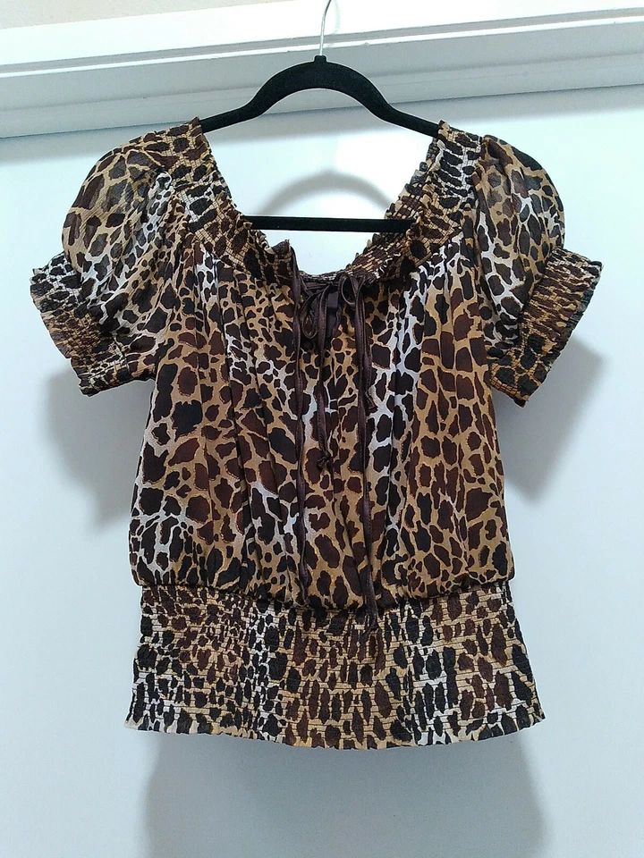 Mujer Tops/Blusa Elástica Manga Hinchada, Cintura Elástica, Corto, Marrón Foto 1 de 4